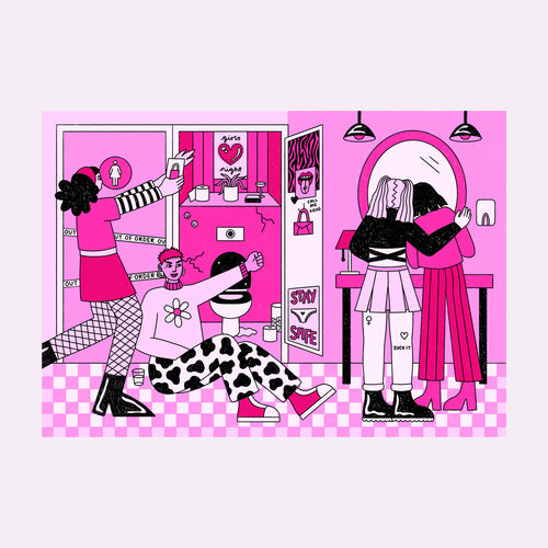 An illustration showing 4 women in a club bathroom. The colour palette is shades of pink and black. The toilet door is open with posters stuck onto them, there is a checkered floor and a sink with mirror.